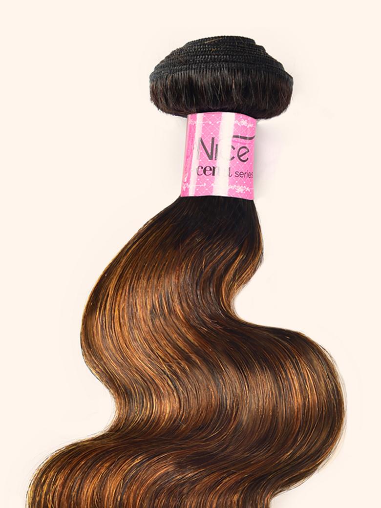 The UNice Classic Brown Highlight 4Pcs Human Hair Body Wave Bundles image highlights te, cer, Lsenes, a brown and black hair extension and body wave texture, highlight.