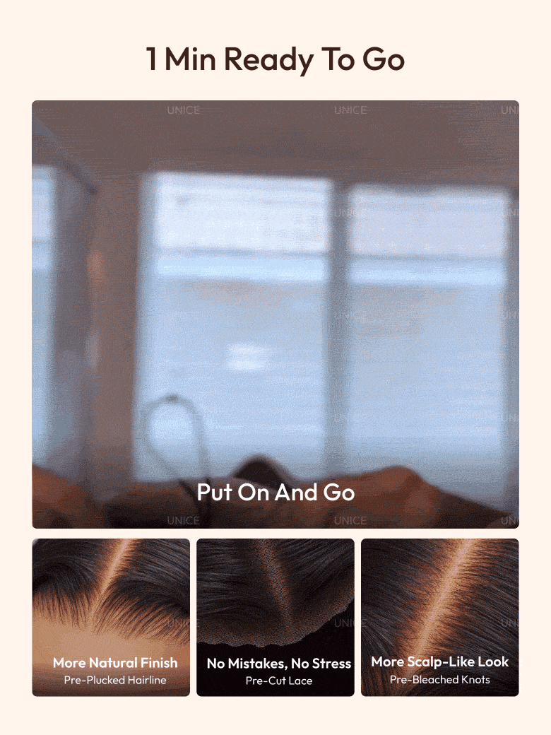 The UNice 13x4 HD Lace Bye Bye Slip Body Wave Wig - Pull & Go Fit Ear-to-Ear with Invisi image highlights 1 Min Ready To Go, Put On And Go, More Natural Finish, No.
