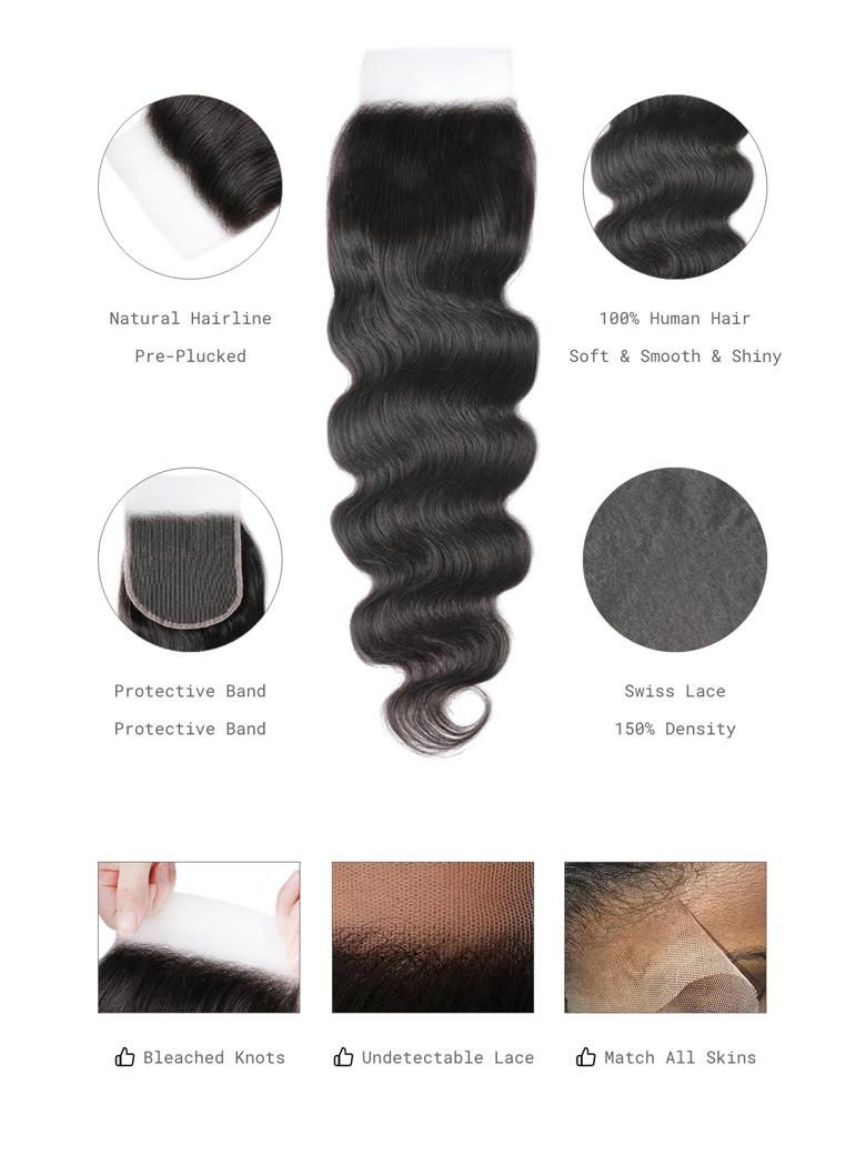 The UNice Hair 5x5 HD Lace Closure Body Wave Transparent Lace undetectable Lace Closure image highlights Natural Hairline, 100% Human Hair, Pre-Plucked.