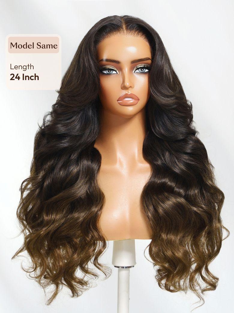 The UNice Real Glueless 13x4 Pre-Everything Lace Frontal Chestnut Brown Ombre is shown in style collage showing side part half-up and updo options.