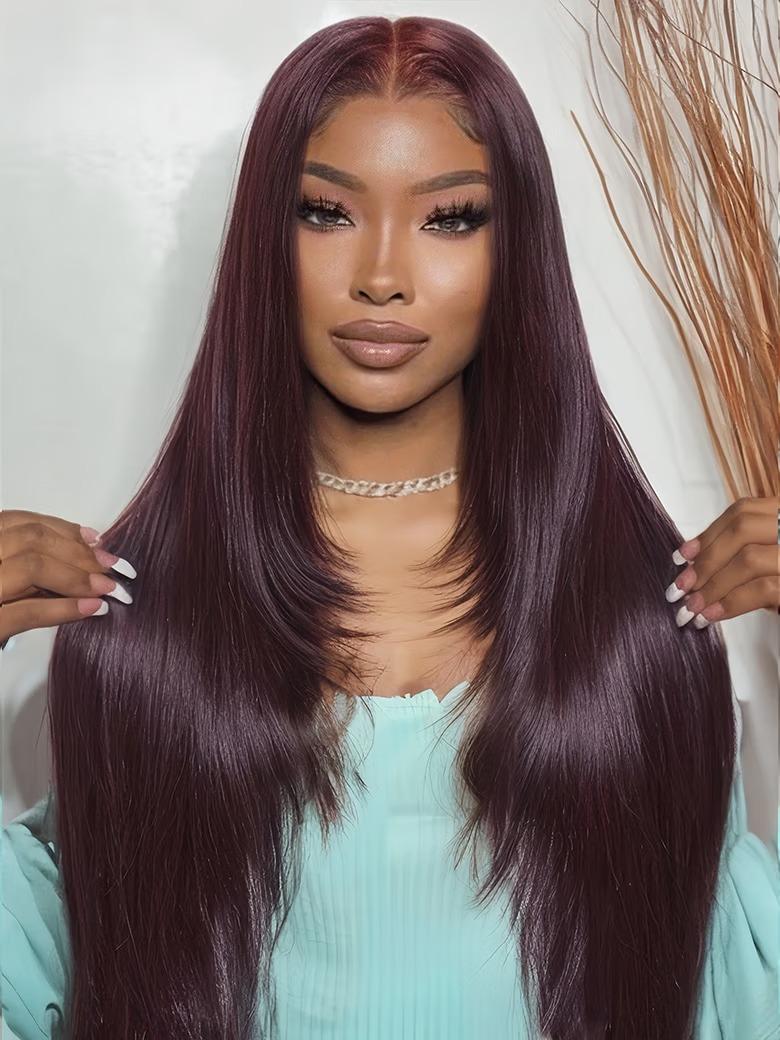 A model displays the UNice Purple Black Cherry Layered Straight Bye Bye Slip Drawstring Wig, showing a model with long dark purple hair and straight texture, black.