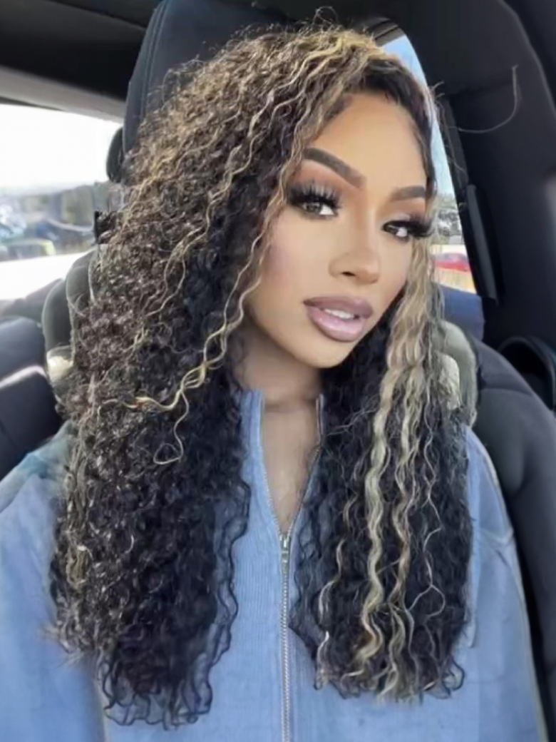 A model displays the UNice 180% Density Pre-Cut 6x4.5 Glueless Lace Honey Brown Highlights Jerry Curly wig, showing a model with curly hair in a car and jerry curl.