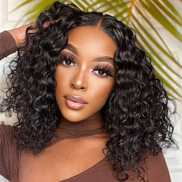 Casual Natural Black Curly 4x4 Closure Lace Glueless Mid Part Shoulder Length Wig 100% Human Hair