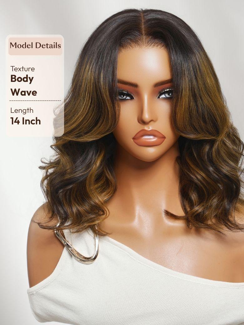 A model displays the UNice 7x5 Bye Bye Slip Lace Balayage Highlights Body Wave Bob Wig with Invisi Drawstring, showing a model with long wavy hair wearing a wig and body.