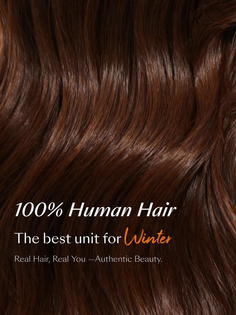 The UNice 20"-24" Glueless Auburn Brown 13x4 Pre-Everything Lace Frontal Loose Wave image highlights 100%HumanHair, The best unit for Uwinter, Real Hair, Real You.