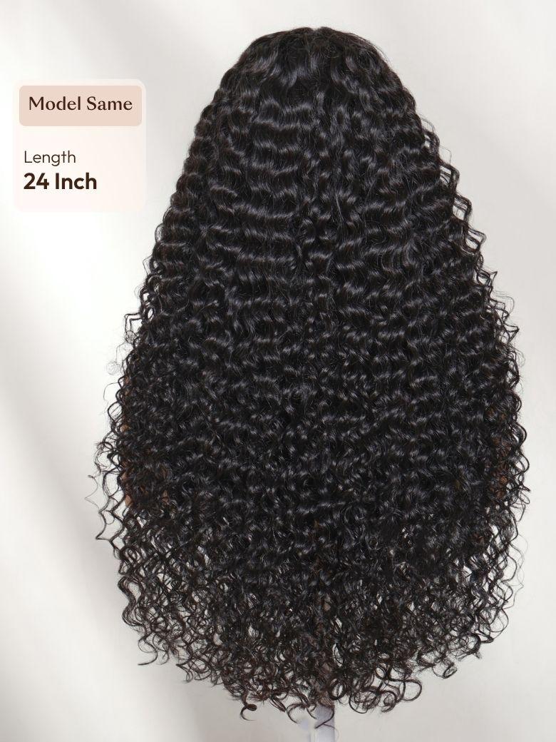 A model displays the UNice 13x4 Bye Bye Slip Lace Frontal Glueless Black Voluminous Deep Curly Wig With, showing a wig with curly hair on a white background and curly.