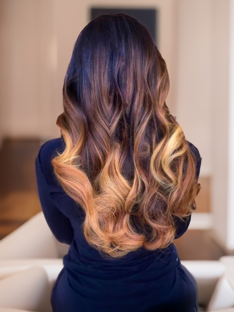 A model displays the UNice Hair Body Wave Virgin Hair 1 Bundle Unprocessed Ombre Human Hair Wave, showing a model with long hair sitting in a chair and body wave.