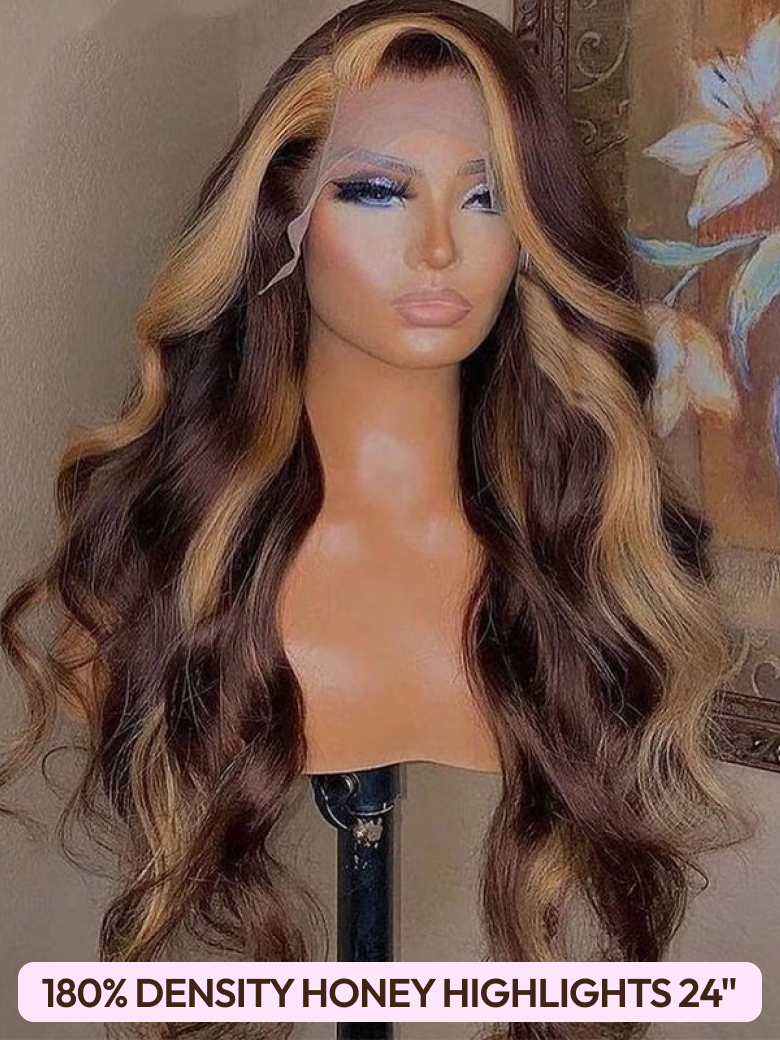 The UNice 200%/ 180% Density 13x4 Front Lace Chocolate Brown/ Honey Highlights/ Burnt wig image highlights 18O%DENSITYHONEYHIGHLIGHTS24, a wig with long wavy hair.