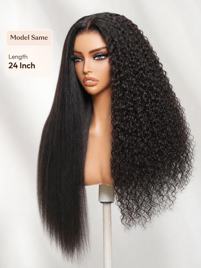 A model displays the UNice Bye Bye Slip 7x5 Lace Warm Brown with Beige Blonde Ribbon Highlights Layered wig, showing a model with a long, blonde haircut and highlight.