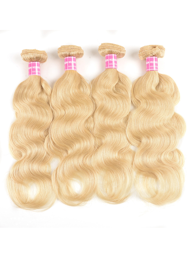 The UNice Hair 613 Blonde Virgin Human Hair Wave 4 Bundles Body Wave Hair Weft product image shows blonde blonde body wave hair bundles and body wave texture, 613.