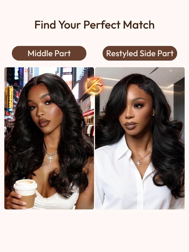 A model displays the UNice 180% Density 7x5 Bye Bye Knots Cut Body Curls Lace Wig with Feathered Layers, showing a model with long hair and a white shirt and 7x5, lace.
