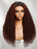 A model displays the UNice 13x4 Pre-Everything Lace Frontal Auburn Red With Dark Roots Gluless Jerry, showing a wig with curly hair on a mann and jerry curl texture.