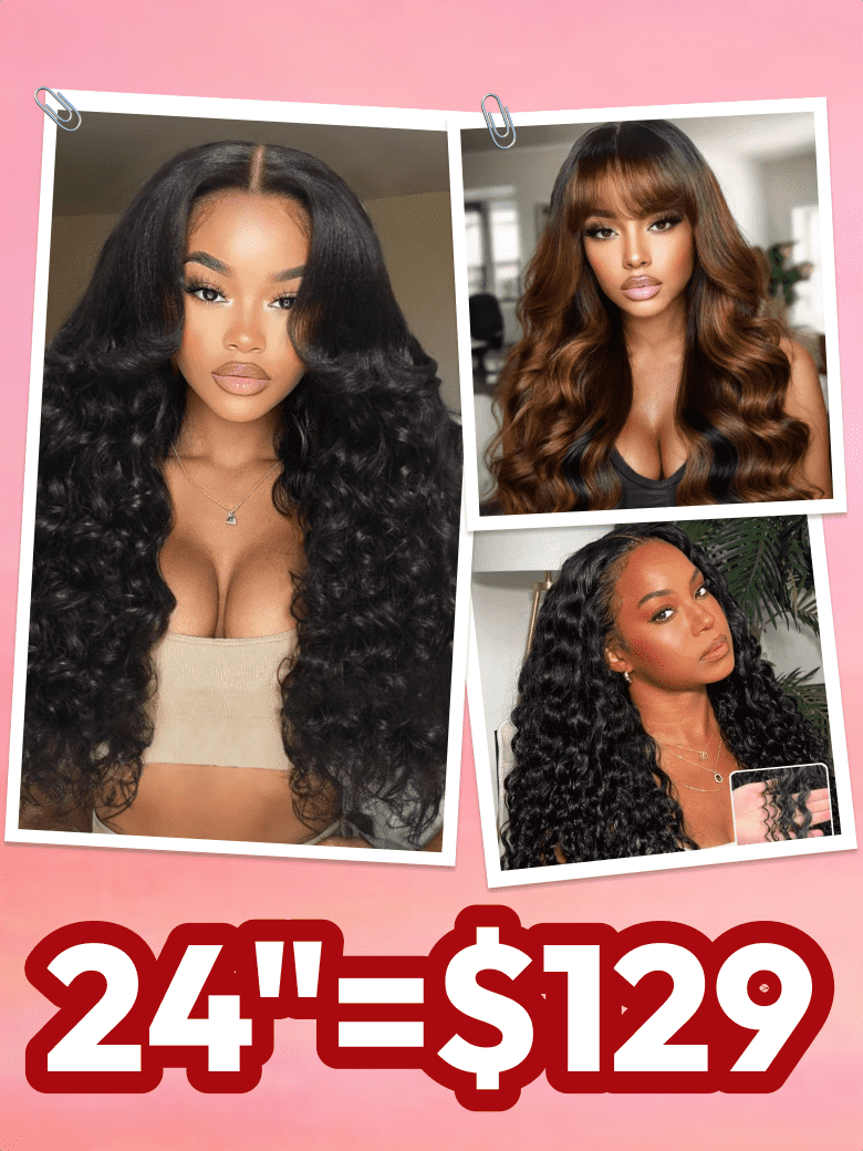 A model displays the UNice 20"-24" 13x4/7x5 Lace Yaki Loose Wave/Water Wave Curly/Loose Wave With bangs wig, showing a model with long hair and a large breast and water.