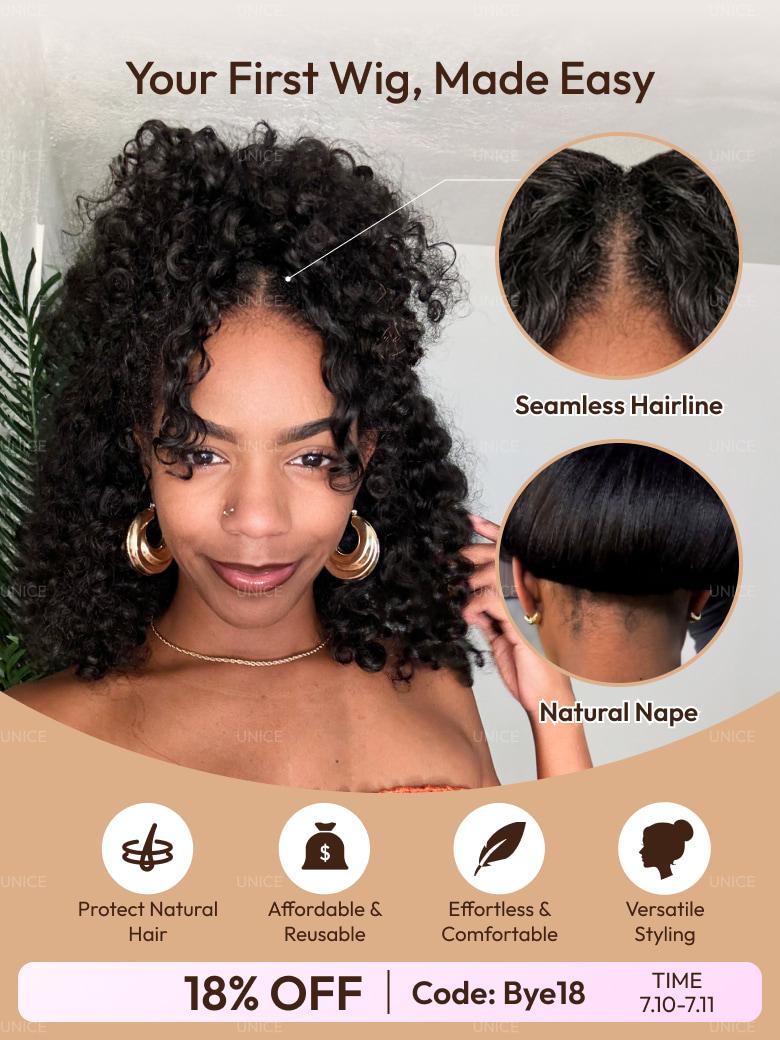 A model displays the UNice EasiContour V Part Black to Chestnut Brown Jerry Curly Drawstring Wig 150%, showing a model with curly hair and a haircut and jerry curl.