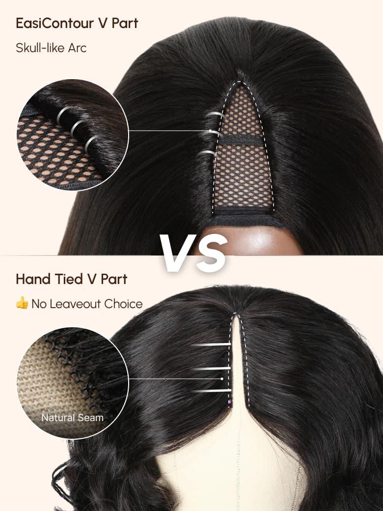The UNice Scalp-Friendly V Part Body Wave Shadow Root Balayage Highlight Colored wig image highlights EasiContourVPart, Skull-likeArc, VS, HandTiedVPart, the difference.