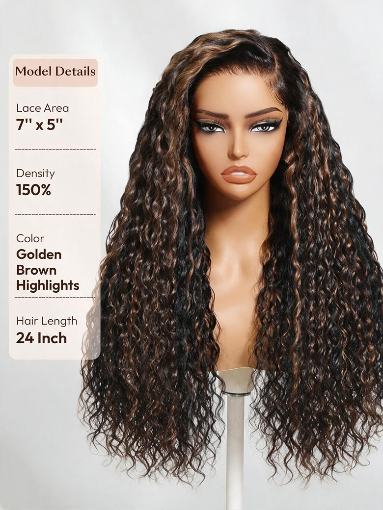 UNice 7x5 Bye-Bye Slip™ Lace Secure Summer-Ready Golden Brown Highlights Water Wave Glueless 100% Human Hair Wig