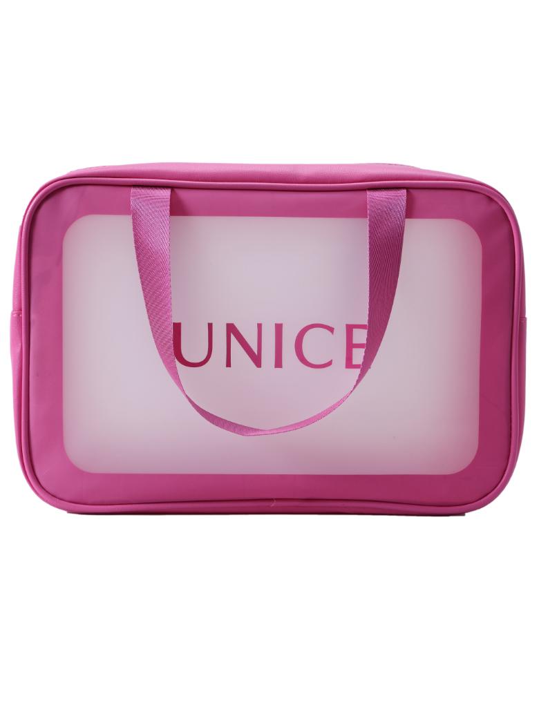 The UNice Bubble Gum Pink Wash Bag Makeup Bag image highlights UNICE and a pink lunch bag with the word un on it.