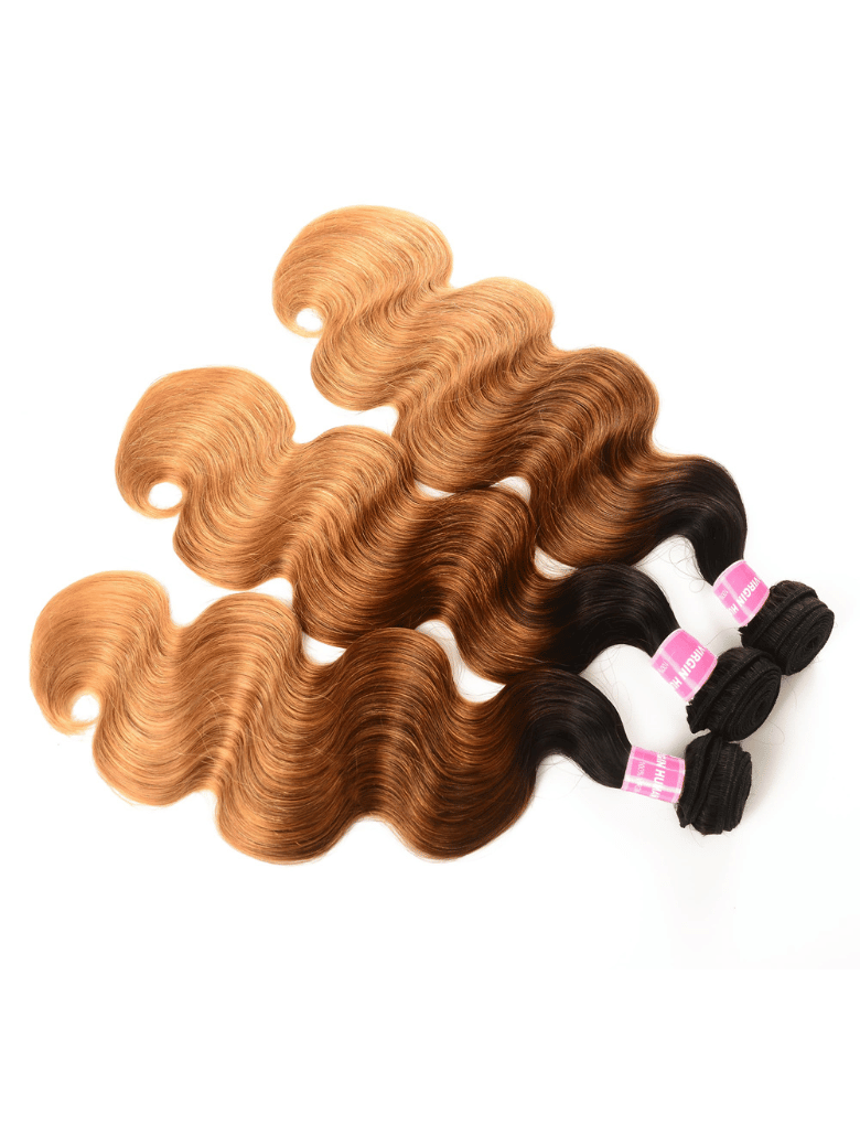 The UNice Hair 3 Bundles Brazilian Ombre Body Wave Human Hair product image shows a bundle of blonde hair extensions and body wave texture, ombre, bundle fullness.