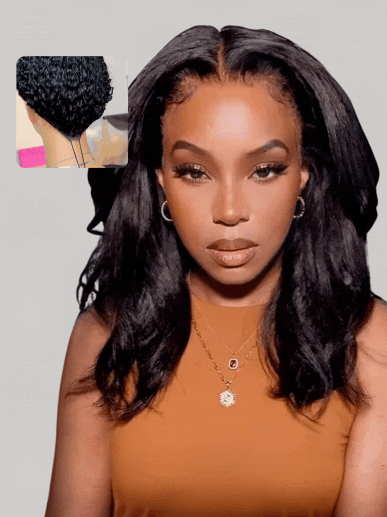A model displays the UNice EasiContour V Part Glueless Kinky Straight Bouncy Natural Black Wig, showing a model with long black hair and a necklace and kinky straight.