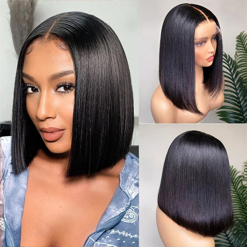 Glueless double drawn 13x4 Lace Full Frontal bob Wig Pre Plucked Human Hair