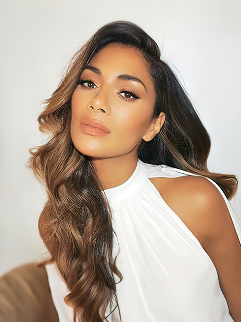A model displays the UNice Balayage Highlight Human Hair Weave #FB30 Body Wave Hair Bundles 3 Bundle Deals, showing a model with long brown hair and a white top and body.