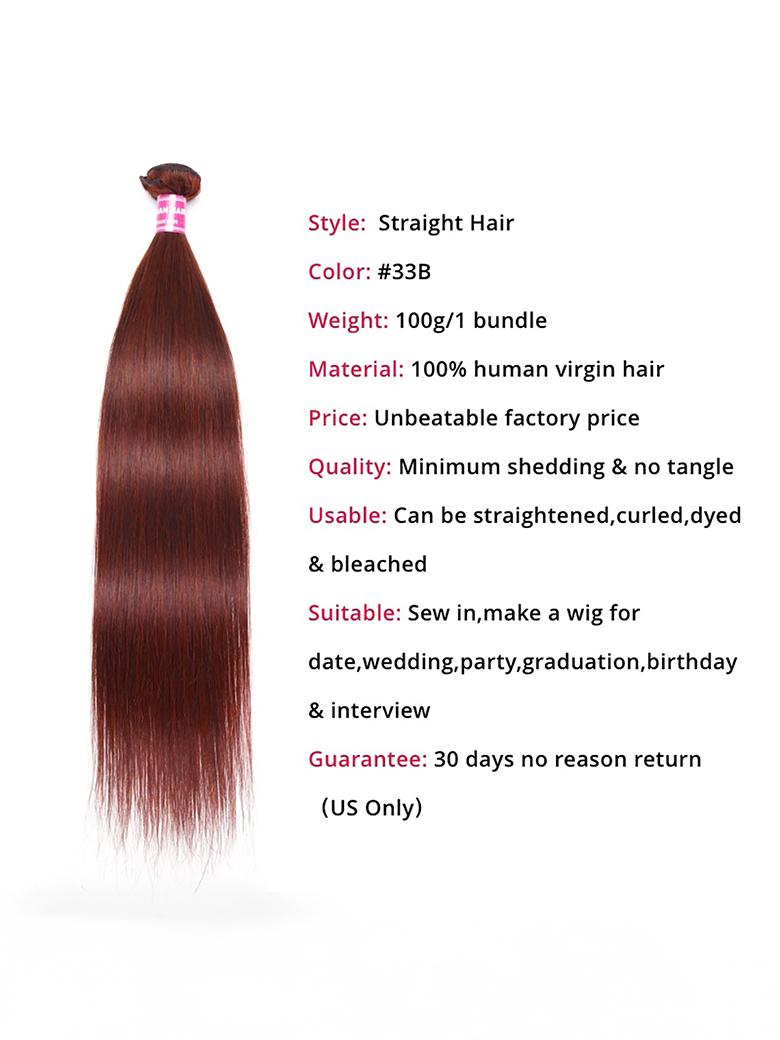 The UNice Dark Auburn Straight Remy Human Hair 4 Bundles With Closure Deal image highlights Style:StraightHair, Color:#33B, Weight:100g/1bundle.
