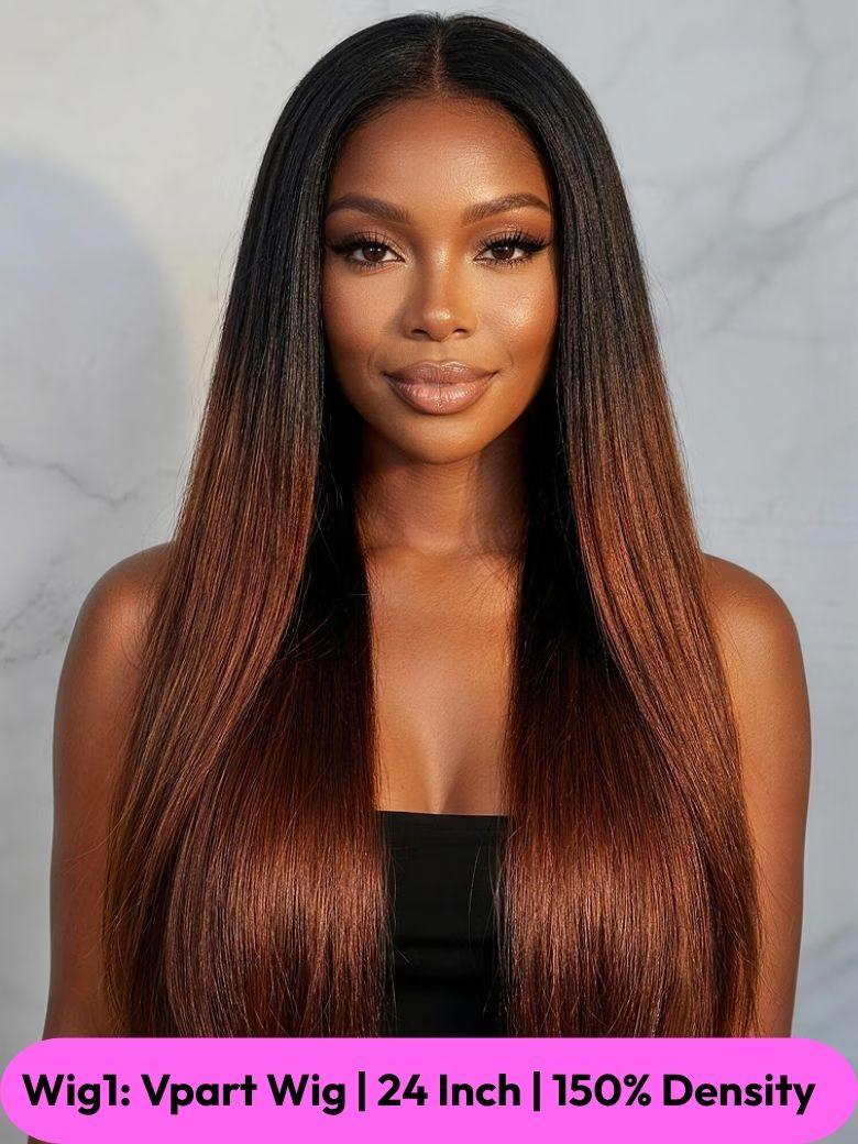 A model displays the UNice All 22 Inch 100% human hair wig Collection, showing a model with long brown hair and a black top.