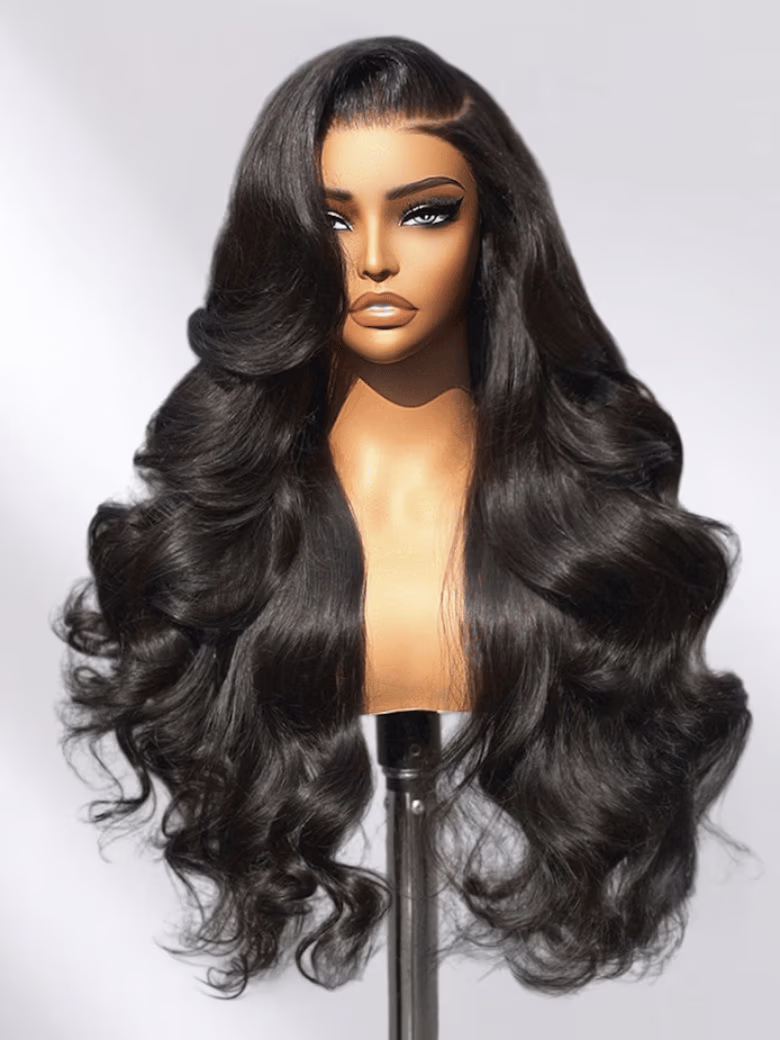 The UNice 200%/ 180% Density 13x4 Front Lace Chocolate Brown/ Honey Highlights/ Burnt wig product image shows a wig with long hair on a mann and chocolate brown.