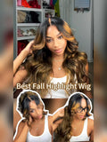 A model displays the UNice 7x5 Bye Bye Knots Wig Glueless Lace Balayage Highlight Body Wave Wig, showing a model with long hair and a white tank top and body wave.