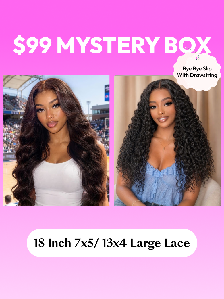 The UNice FULL Lace Wig Hiding Inside UNICE $39 Surprise Box Win 20 Inch Glueless 100% image highlights Yurne, ourprise, Box, win 16-22 inch, a pink box with a question.