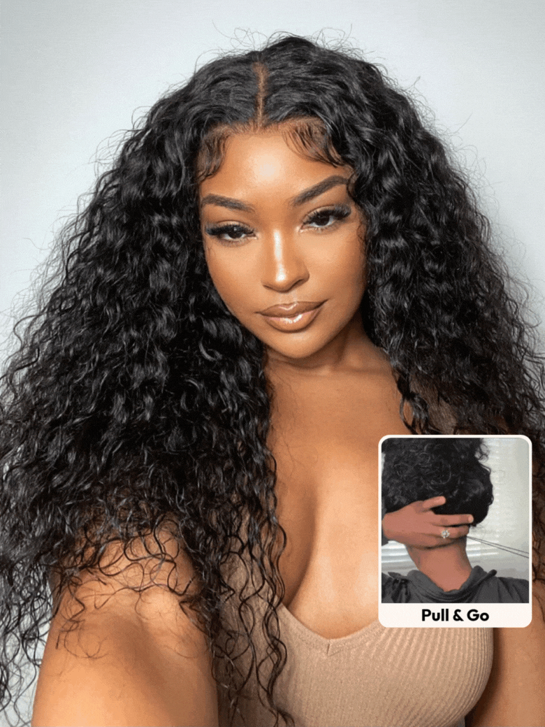 A model displays the UNice 20"-26" UNice 7x5 Bye Bye Knots & 13x4 HD Lace Put On And Go Glueless Water wig, showing a model with long curly hair and a black woman.