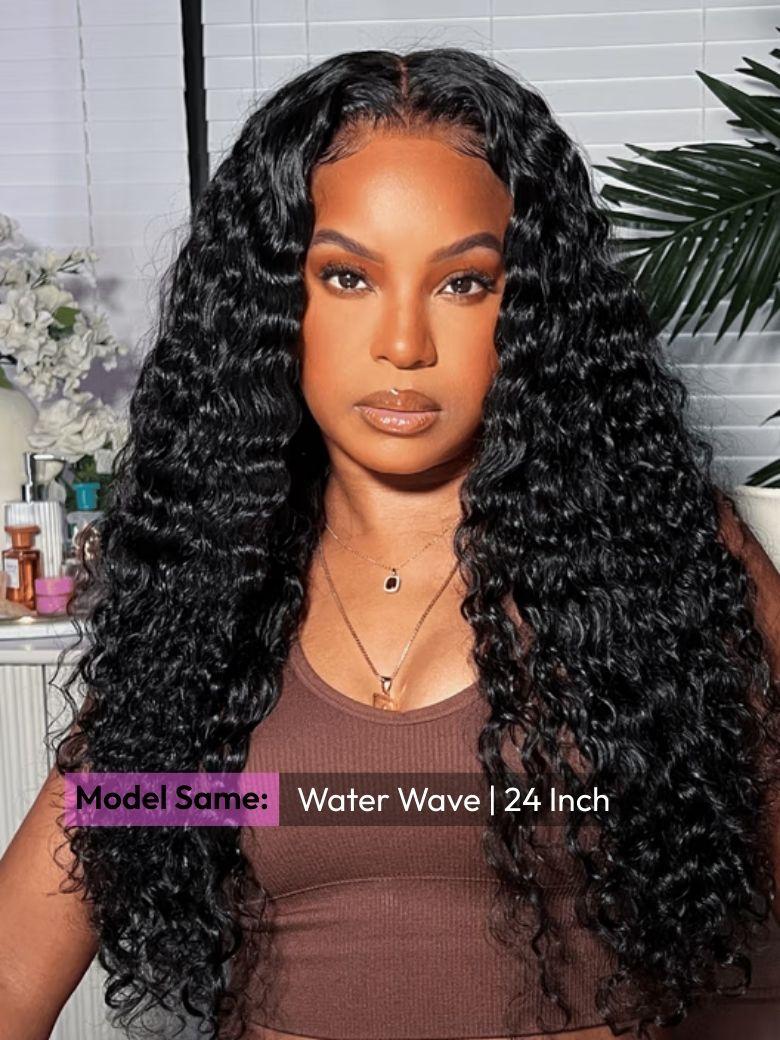 A model displays the UNice 13x4 Pre-Everything Pre-Cut Lace Front Water Wave Wig With Baby Hair &, showing a model with long curly hair wearing a brown top and water.