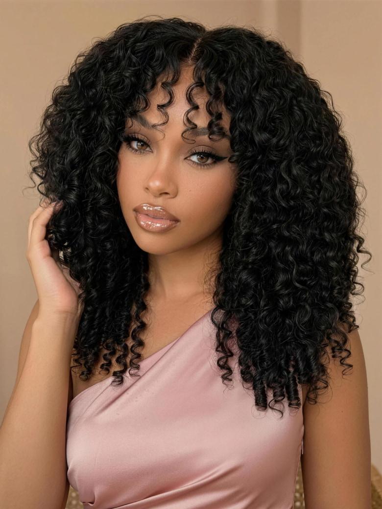 A model displays the UNice 13x4 Bye Bye Slip Glueless Curly Texture Extremely Light Wig With Finger Coil, showing a model with long curly hair wearing a pink dress.