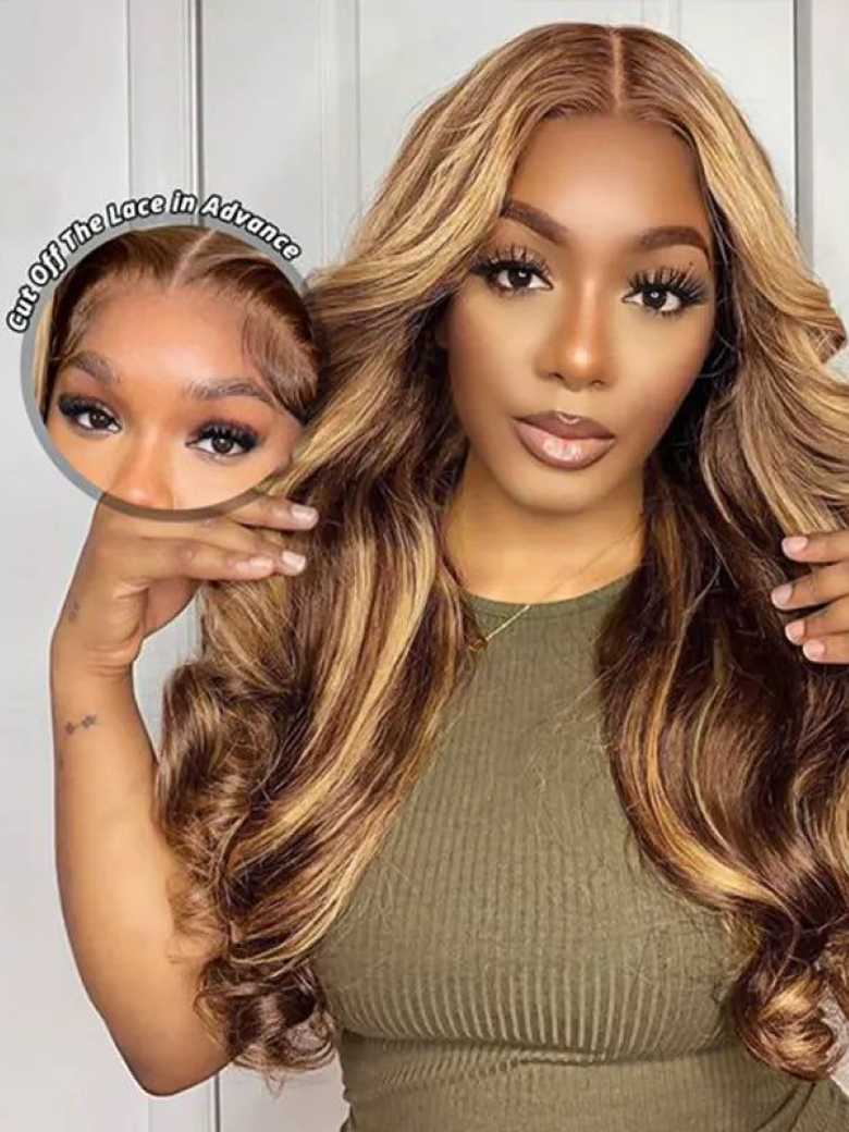 A model displays the UNice 7x5 Bye Bye Knots Wig Glueless Body Wave Lace Wig With Invisible Clean Knots, showing a model with long blonde hair and a green top and body.