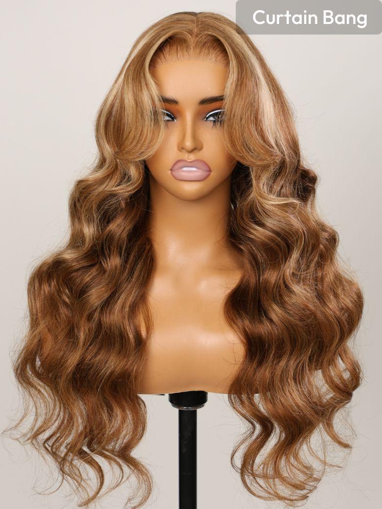 The UNice 22''-24'' UNice 13x4 Pre-Everything Lace Frontal Honey Blonde Highlights image highlights Curtain Bang, a wig with long wavy hair and bangs and loose wave.