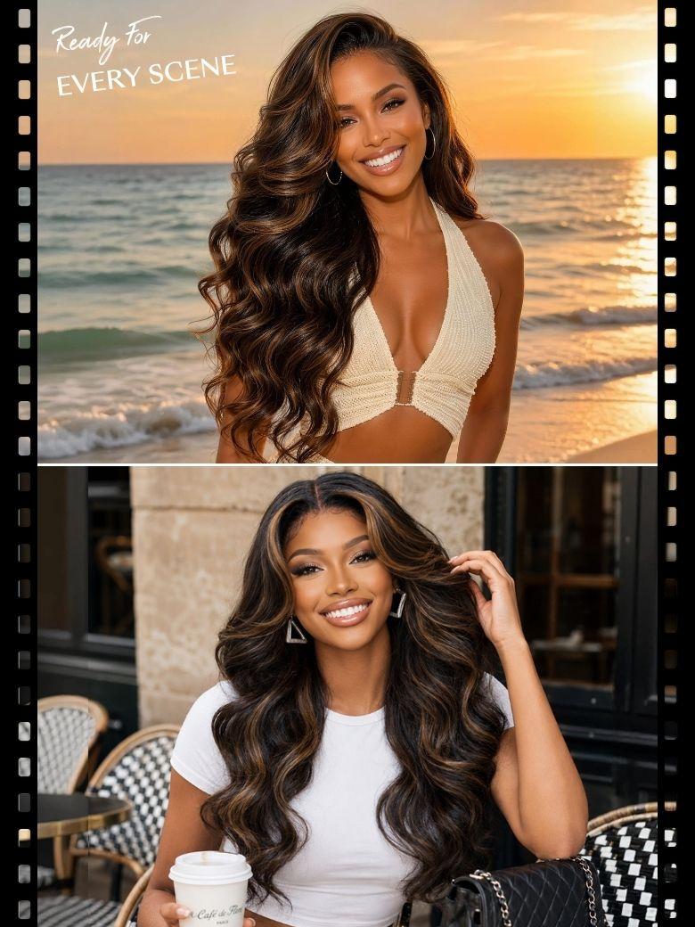 A model displays the UNice 7x5 Bye Bye Slip Lace Black with Golden Brown Highlights Body Wave Wig with, showing a model with long hair and a white shirt and body wave.