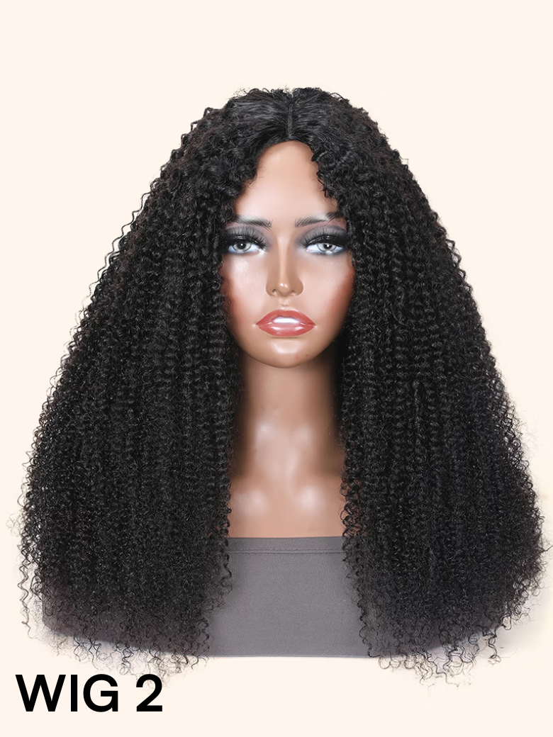 A model displays the UNice 22" Natural Lace Black Yaki V Part Wig Or 24" New V Part Kinky Curly Wig, showing a wig with curly hair and yaki texture, kinky curly texture.