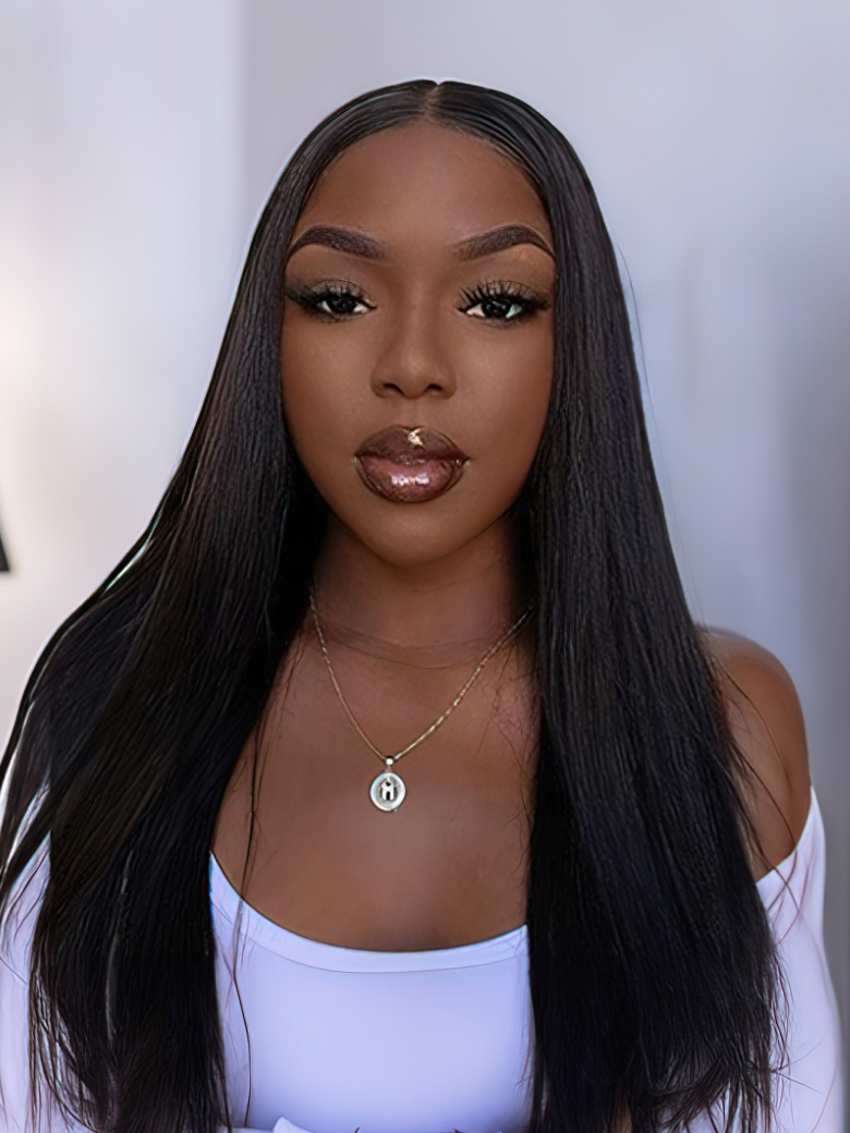 A model displays the UNice 5x5 HD Invisible Lace Closure With 3Pcs Straight Human Hair Bundles, showing a model with long black hair wearing a white top and straight.