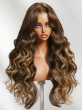 The UNice Bye Bye Slip 7x5 Lace Deep Brown with Caramel Higlights Loose Wave Drawstring wig product image shows a long wavy brown wig with blonde highlights and loose.