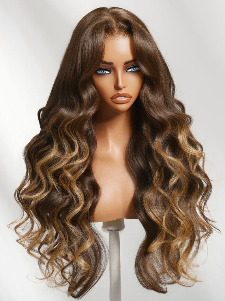 The UNice Bye Bye Slip 7x5 Lace Deep Brown with Caramel Higlights Loose Wave Drawstring wig product image shows a long wavy brown wig with blonde highlights and loose.