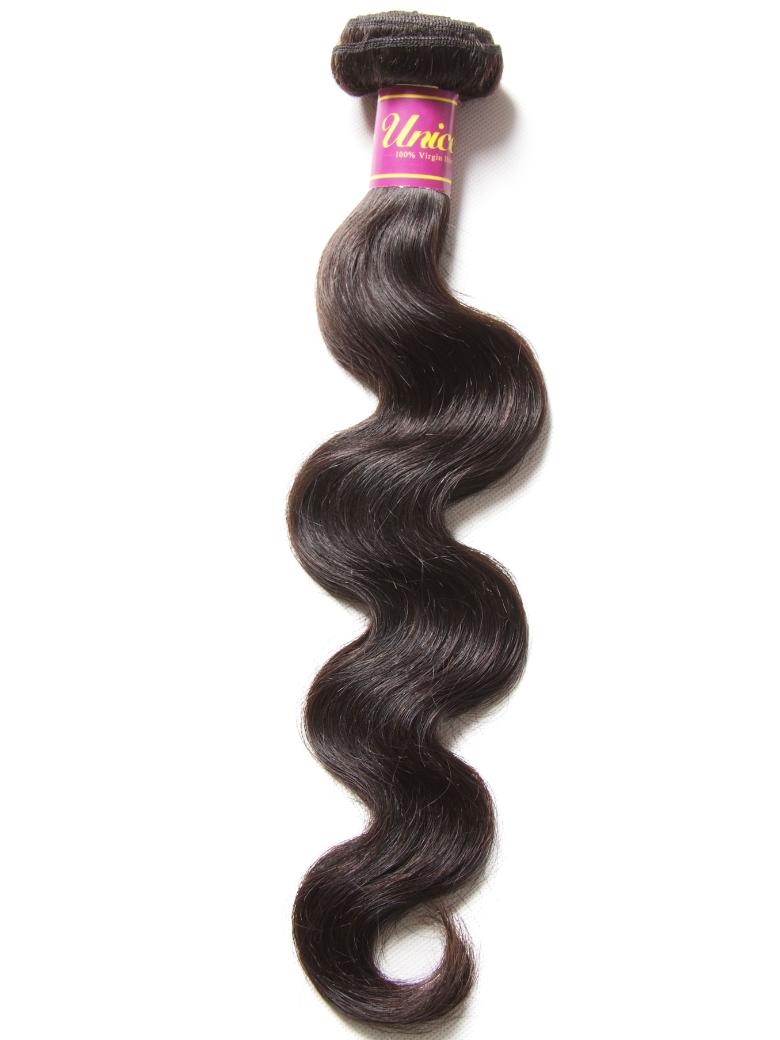 The UNice Premium Raw Virgin Hair Body Wave 1 Bundle image highlights Unic, brazilian body wave hair extensions and body wave texture, bundle fullness.