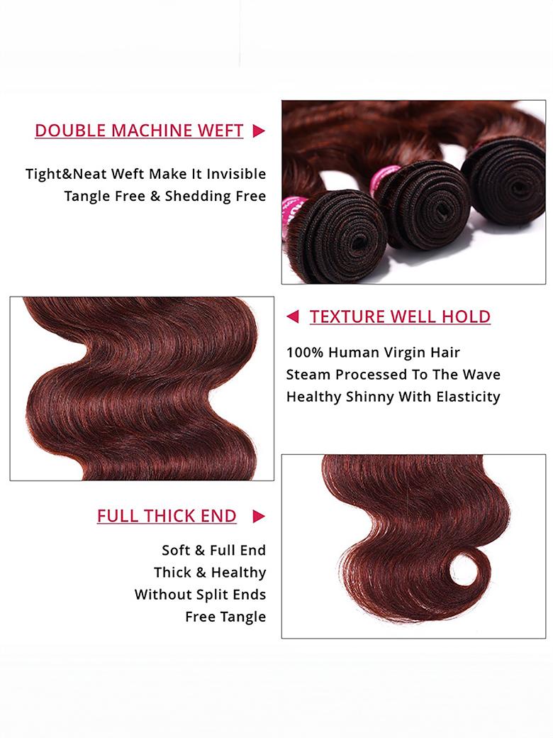 The UNice Dark Auburn Body Wave Remy Human Hair 4 Bundles With Closure Deal image highlights DOUBLEMACHINEWEFT, Tight&NeatWeftMakeItInvisible, TangleFree&SheddingFree.