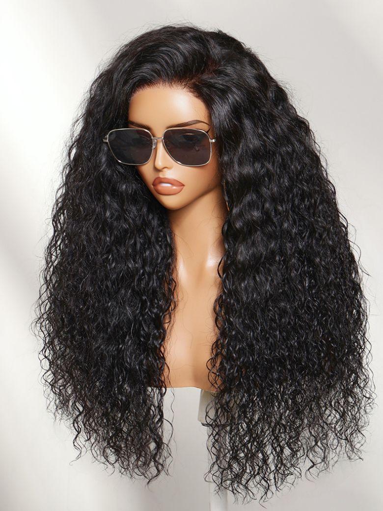 A model displays the UNice 13x4 Bye Bye Slip Lace Frontal Textured Kinky Water Wave Wig with Invisi, showing a wig with long curly hair and sunglasses and water wave.