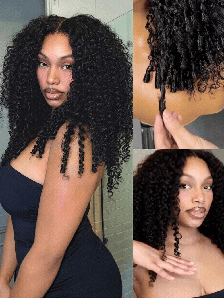 A model displays the UNice 7x5 Bye Bye Slip & 13x4 Pre-Everything Curly Texture Premium Hair Drawstring wig, showing a model with curly hair in a bathroom and curly.