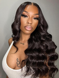 A model displays the UNice Hair Unprocessed 4 Bundles Body Wave Virgin Hair With 13x4 Lace Frontal, showing a model with long dark hair wearing a white top and body wave.