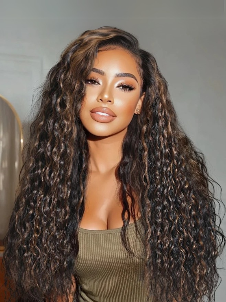 A model displays the UNice Bye Bye Knots 7x5 Lace Water Wave Black Wig With Golden Brown Highlights &, showing a model with long curly hair wearing a green top and water.