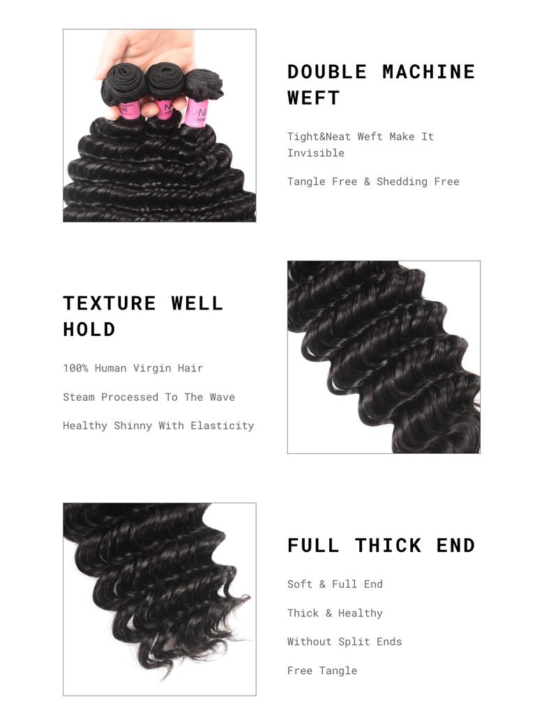 The UNice Hair Bundles 4 Pcs/pack Peruvian Deep Wave Virgin Human Hair image highlights DOUBLEMACHINE, WEFT, Tight&Neat Weft Make It, Invisible, brazilian loose wave.