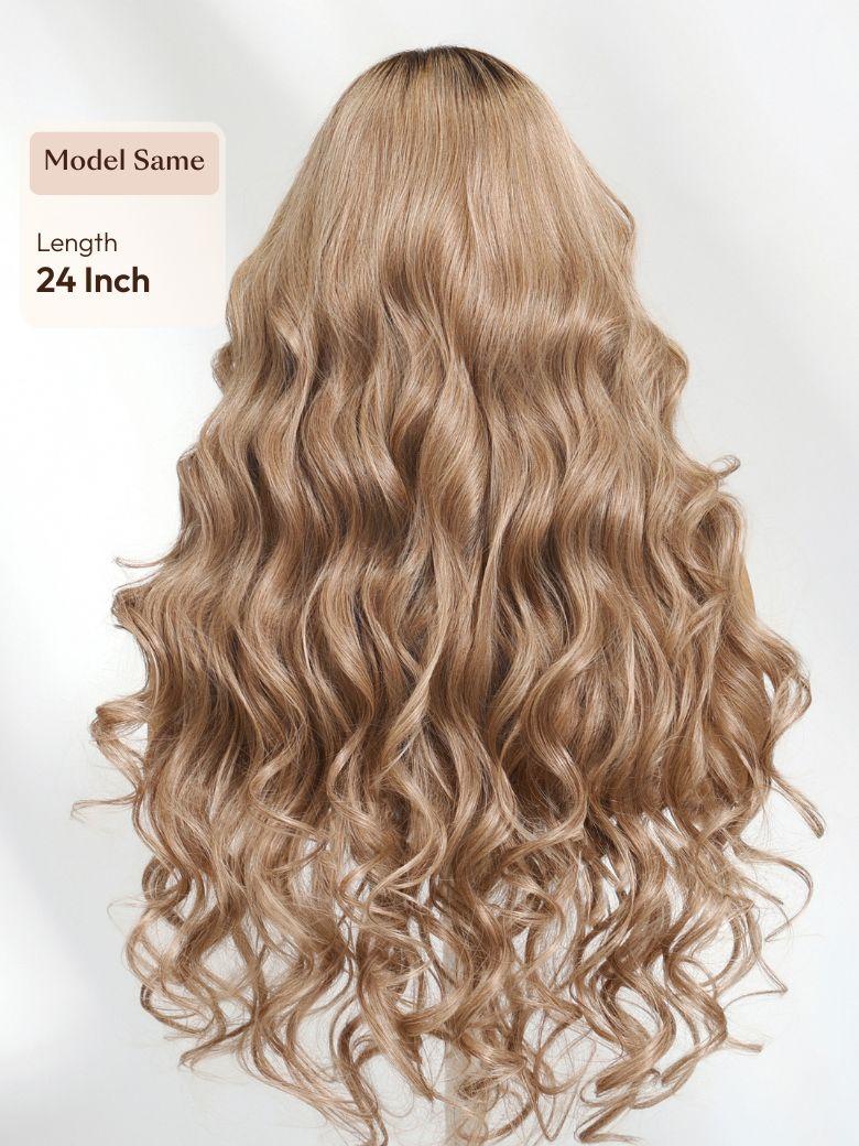 The UNice Ash Blonde With Brown Roots No Slip 13x4 Pre-Everything Lace Frontal Body Wave image highlights Model Same, Length, 24Inch, a long wavy blonde wig with a long.