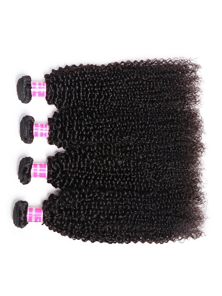 The UNice Hair 4 Bundles Kinky Curly Unprocessed Virgin Hair product image shows brazilian curly bundles and kinky curly texture, curly texture, bundle fullness.