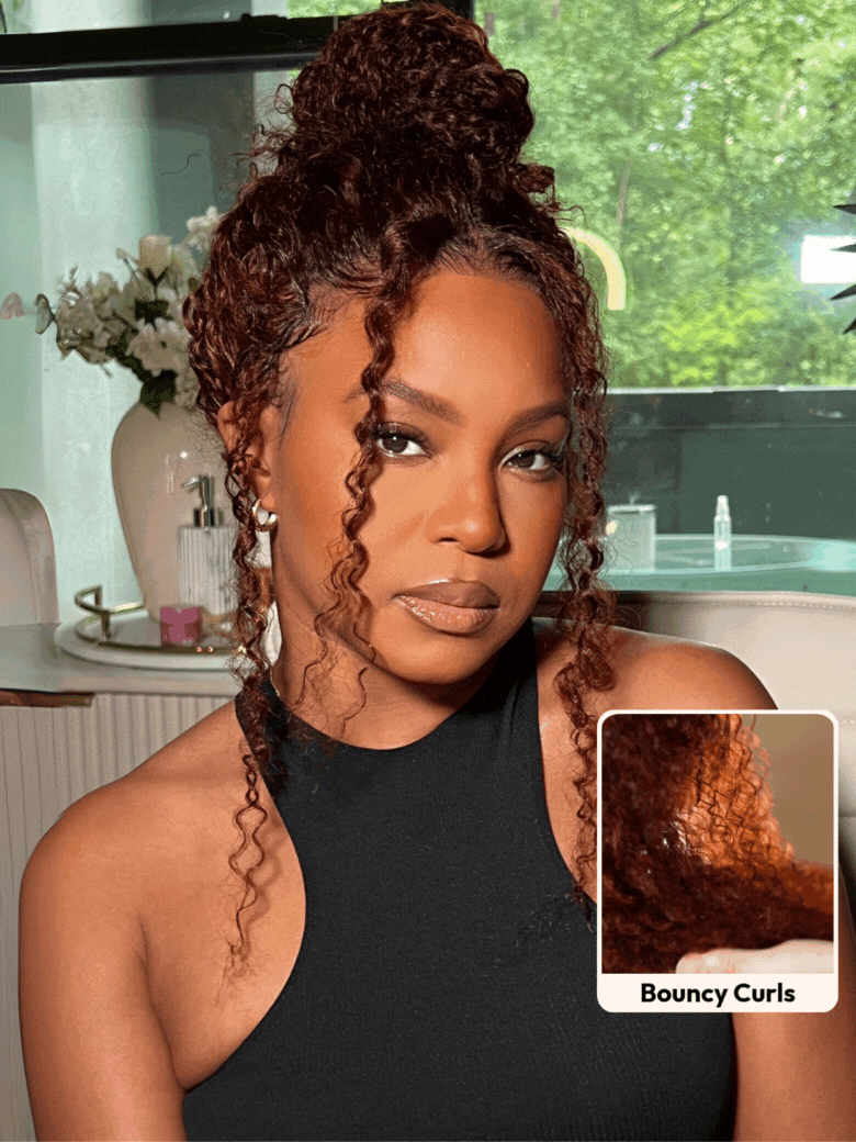 A model displays the UNice 24 Inch BOGO UNice 7x5 Bye Bye Knots Wig Glueless Lace Sunset Jerry Curly for, showing a model with curly hair and jerry curl texture, curly.